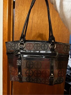 Stylish Brown Patterned Tote Bag with Black Trim